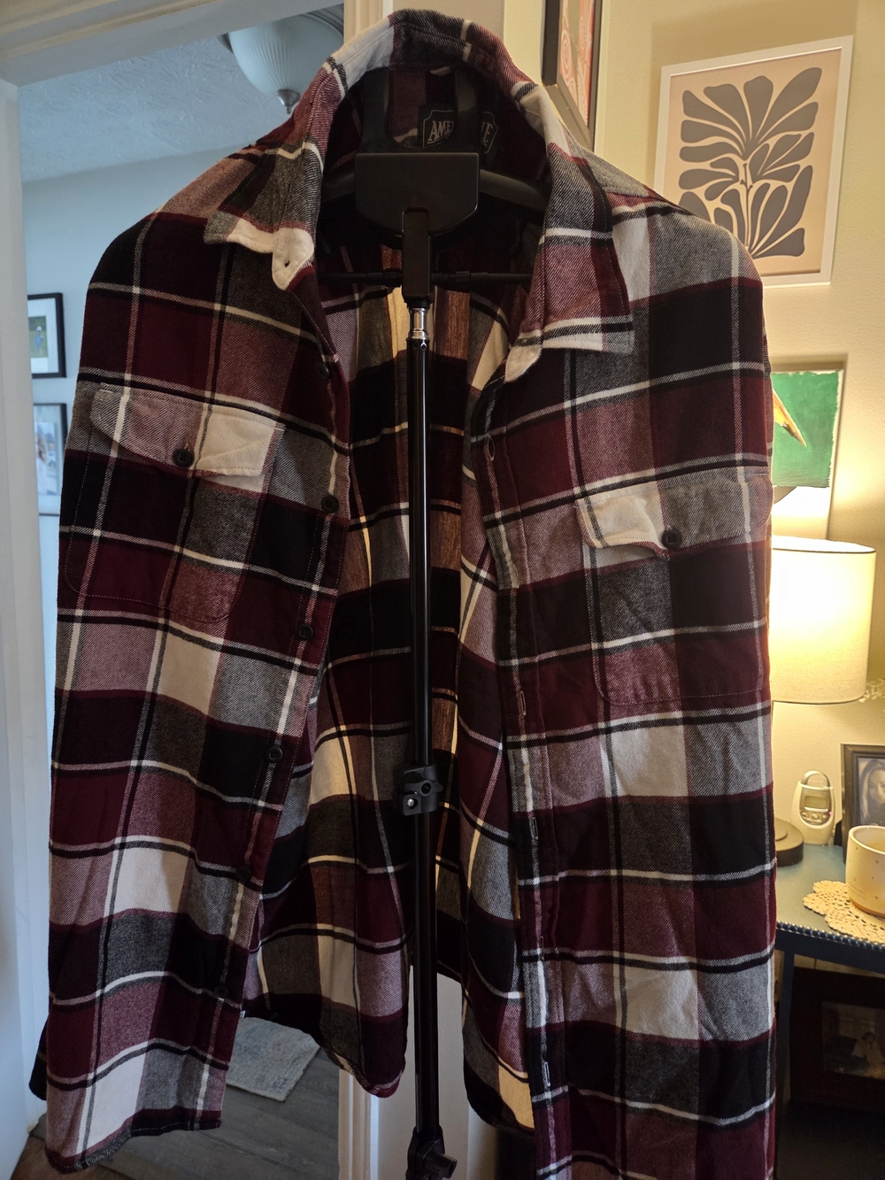 American Eagle Burgundy and Black Plaid Flannel 2XL